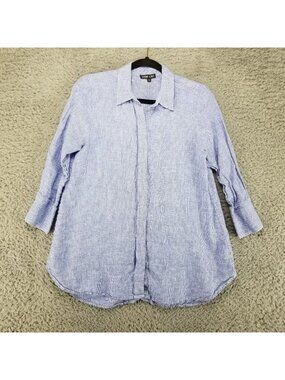 Boho Chic Shirt Womens Small Blue 100% Linen Button Up Long Sleeve